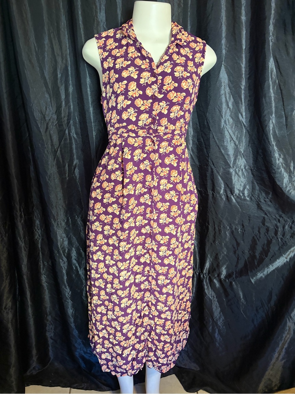 April Cornell Purple Midi Dress with Peach Floral Print